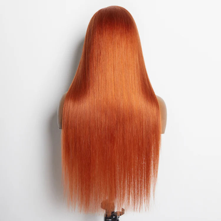 100% Human Hair 24 Inches Ginger 13"x4" Lace Front Straight Wig Pre-Plucked Free Part 150% Density