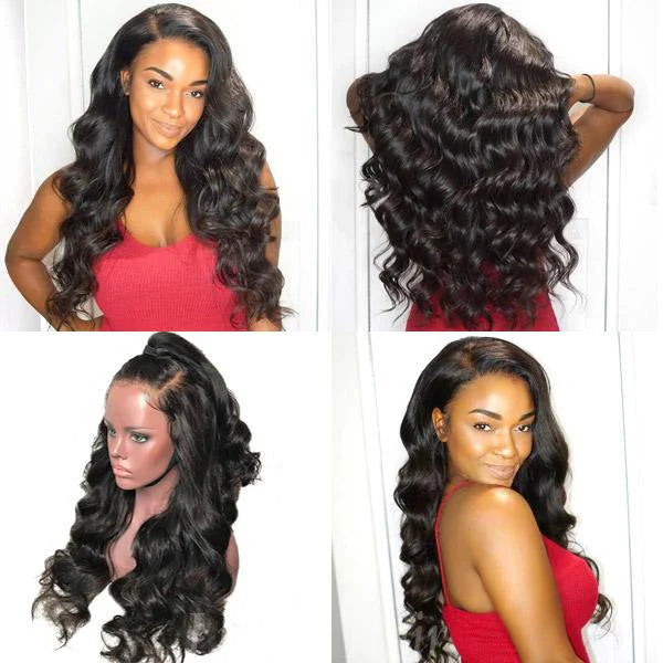 100% Human Hair 16-18 Inches #1B 360 Lace Pre-Plucked Body Wavy Lace Frontal Wig