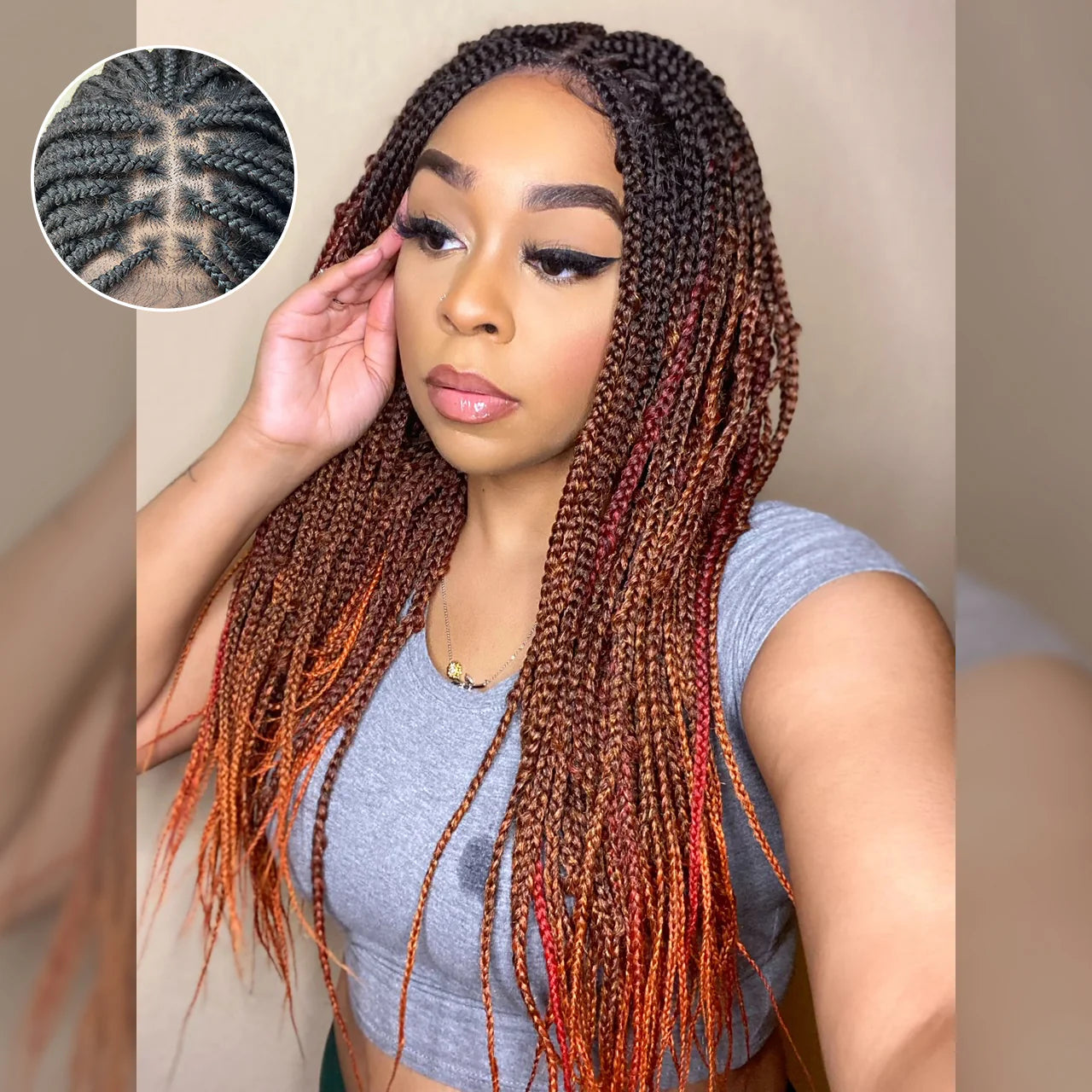 28 Inches 4x4 Black to Orange Ends Box Braids Lace Closure Wigs 200% Density-100% Handmade