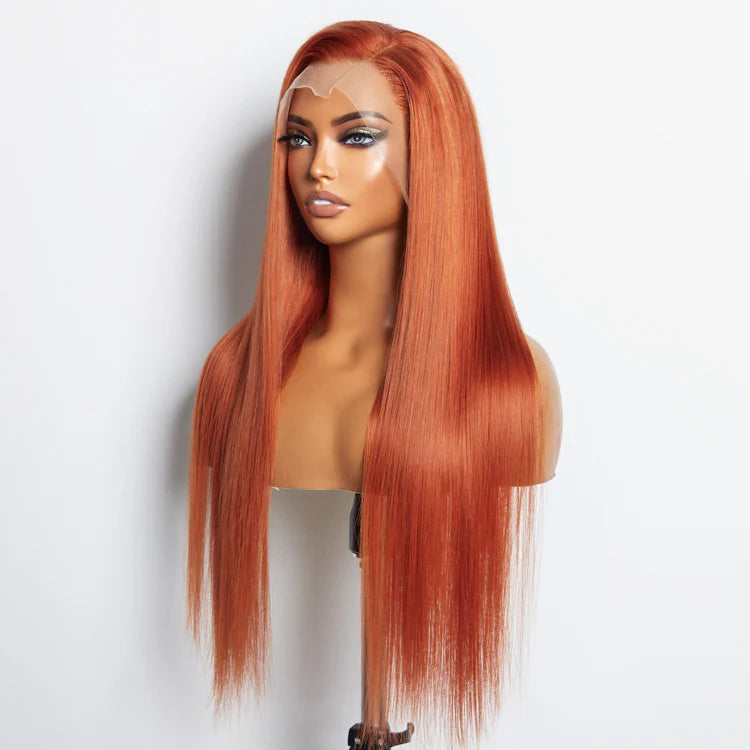 100% Human Hair 24 Inches Ginger 13"x4" Lace Front Straight Wig Pre-Plucked Free Part 150% Density