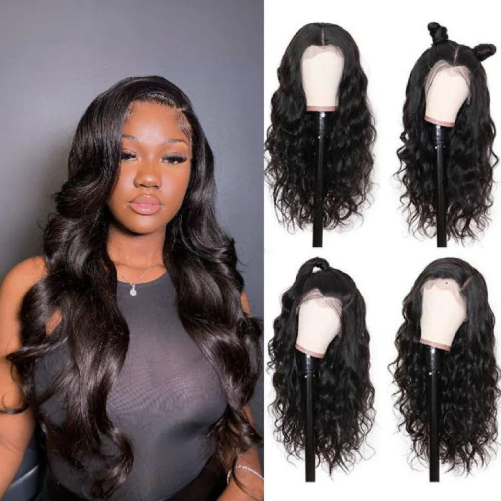 100% Human Hair 16-18 Inches #1B 360 Lace Pre-Plucked Body Wavy Lace Frontal Wig