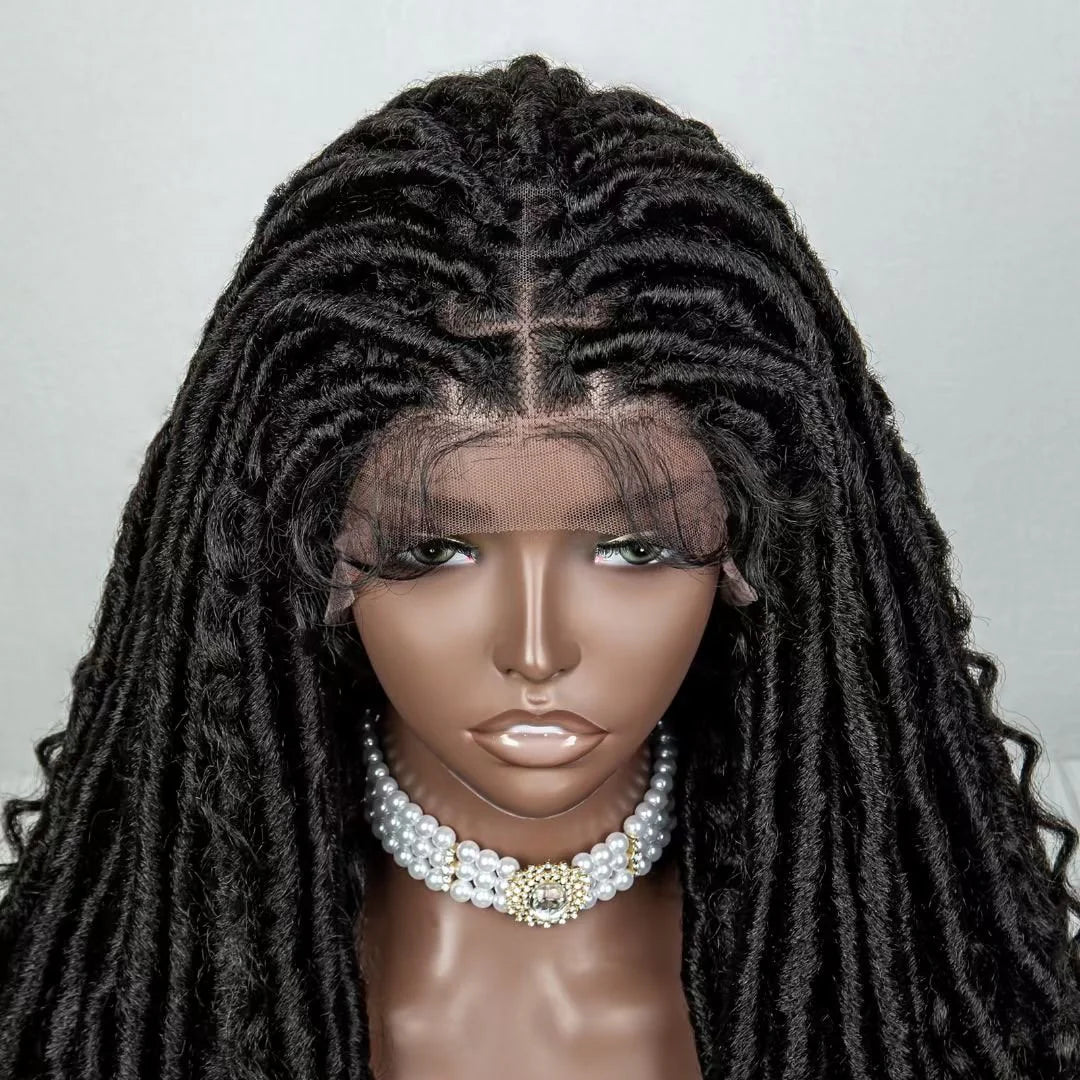 26 Inches 4x4 Faux Goddess Locs with Curls Braids Lace Closure Wigs 200% Density-100% Handmade