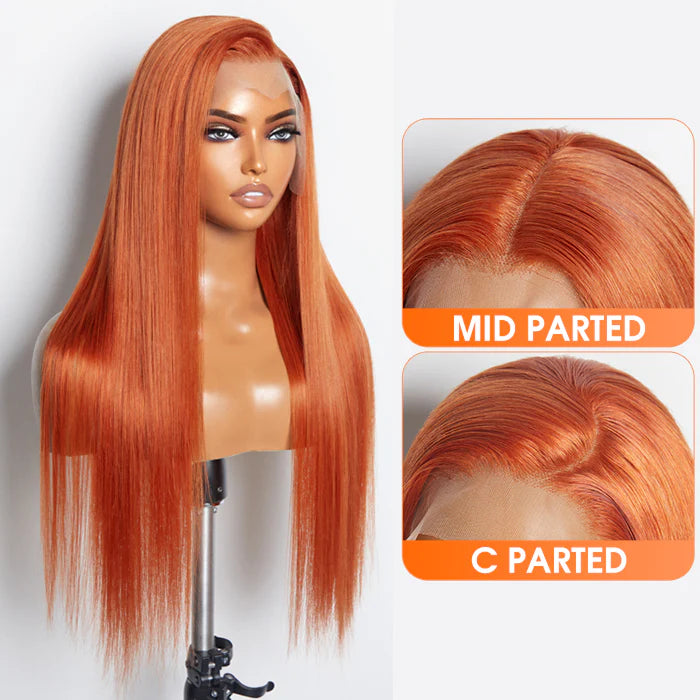 100% Human Hair 24 Inches Ginger 13"x4" Lace Front Straight Wig Pre-Plucked Free Part 150% Density