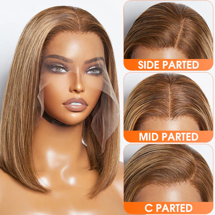 100% Human Hair 12 Inches 13"x4" #P4/27 Straight Bob Lace Frontal Wig