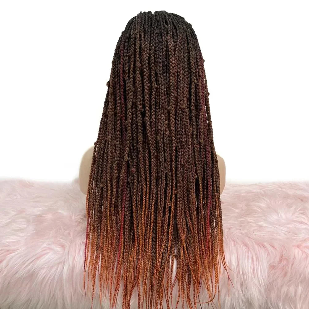 28 Inches 4x4 Black to Orange Ends Box Braids Lace Closure Wigs 200% Density-100% Handmade