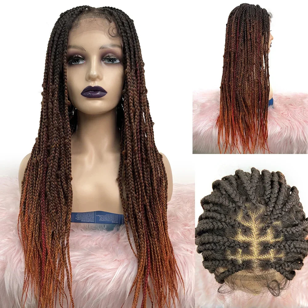28 Inches 4x4 Black to Orange Ends Box Braids Lace Closure Wigs 200% Density-100% Handmade