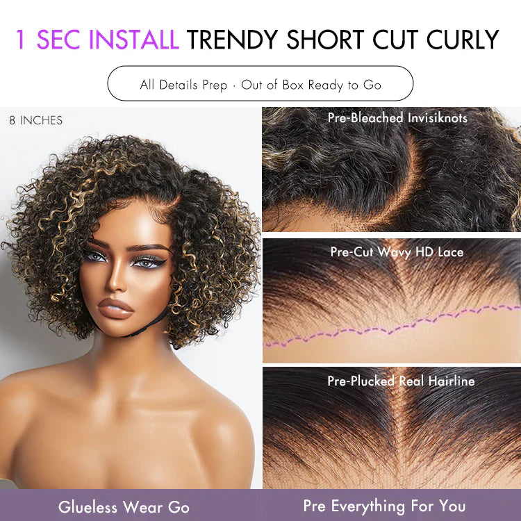 100% Human Hair 8 inch Trendy Short Cut Curly Minimalist HD Lace Glueless Side Part Wig