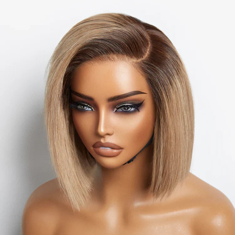 100% Human Hair 8 inch Ash Blonde Ombre Blunt Cut Bob Glueless Minimalist HD Lace Ready to Go Short Bob Wig
