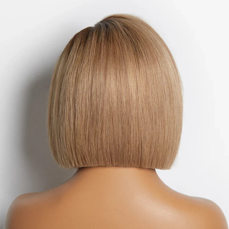 100% Human Hair 8 inch Ash Blonde Ombre Blunt Cut Bob Glueless Minimalist HD Lace Ready to Go Short Bob Wig