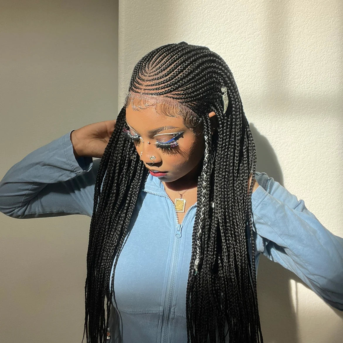 30 Inches 13x7 Fulani Braided Neat Braids Lace Front Wigs 200% Density-100% Handmade