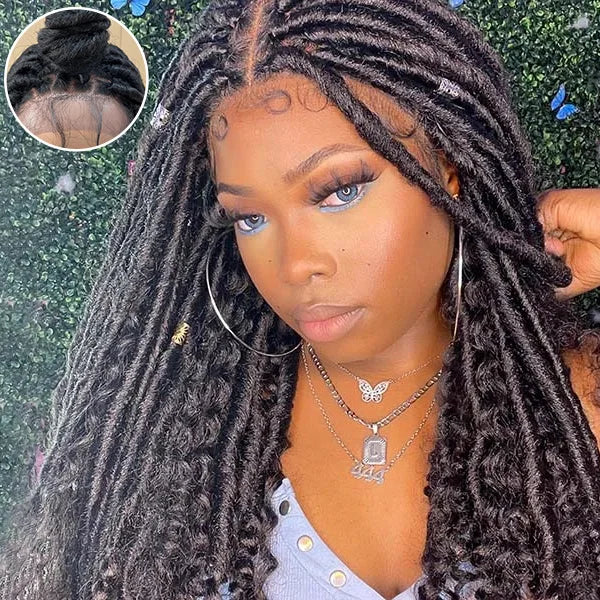 26 Inches 4x4 Faux Goddess Locs with Curls Braids Lace Closure Wigs 200% Density-100% Handmade