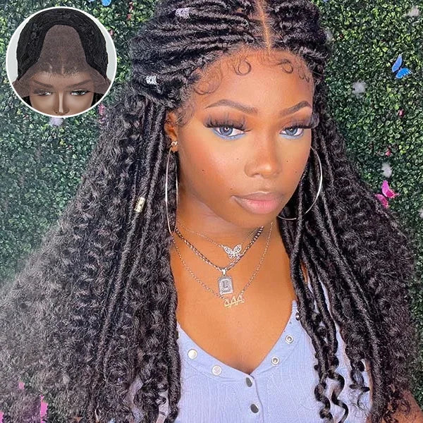 26 Inches 4x4 Faux Goddess Locs with Curls Braids Lace Closure Wigs 200% Density-100% Handmade