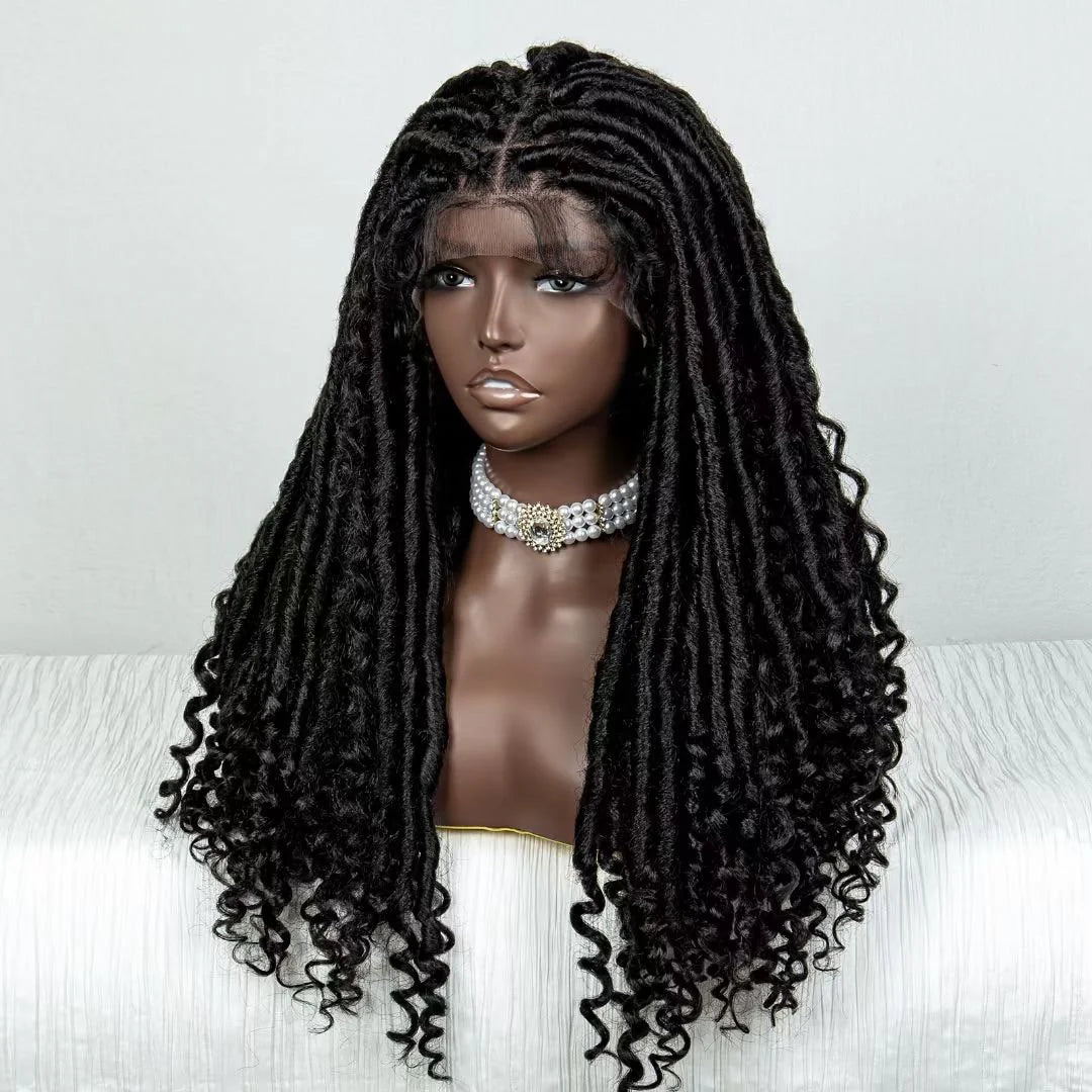 26 Inches 4x4 Faux Goddess Locs with Curls Braids Lace Closure Wigs 200% Density-100% Handmade