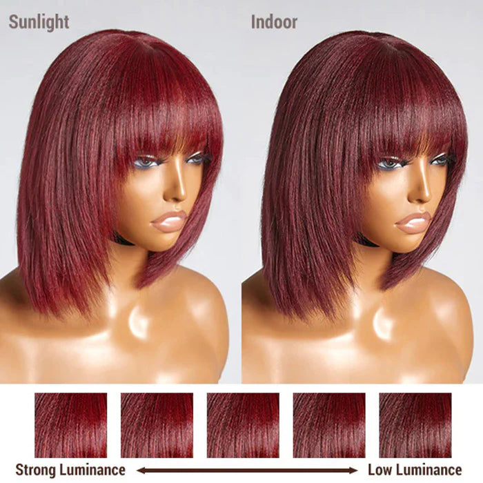 Natural Yaki #99J Layered Cut Yaki Straight Lace Bob Wig With Bangs - 10 inches