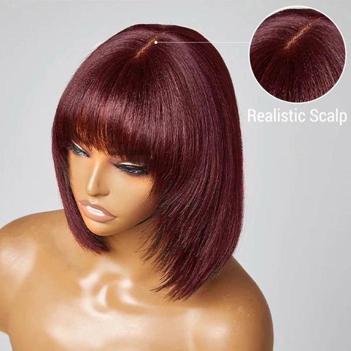 Natural Yaki #99J Layered Cut Yaki Straight Lace Bob Wig With Bangs - 10 inches
