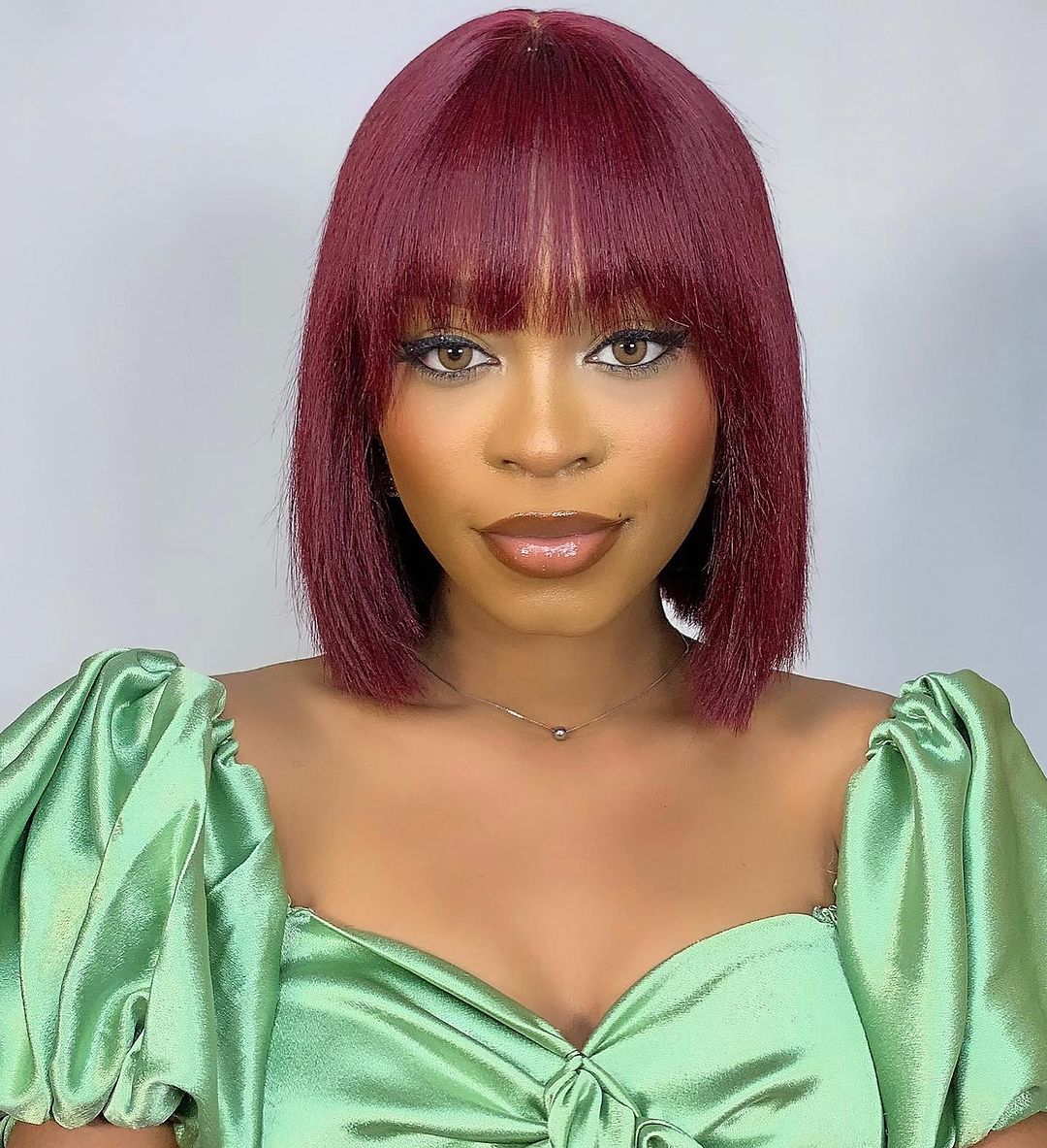Natural Yaki #99J Layered Cut Yaki Straight Lace Bob Wig With Bangs - 10 inches
