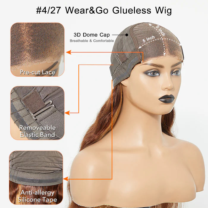 100% Human Hair Body Wavy Wear & Go Glueless #4/27 Lace Closure Wig - 24 Inches 5"x5"