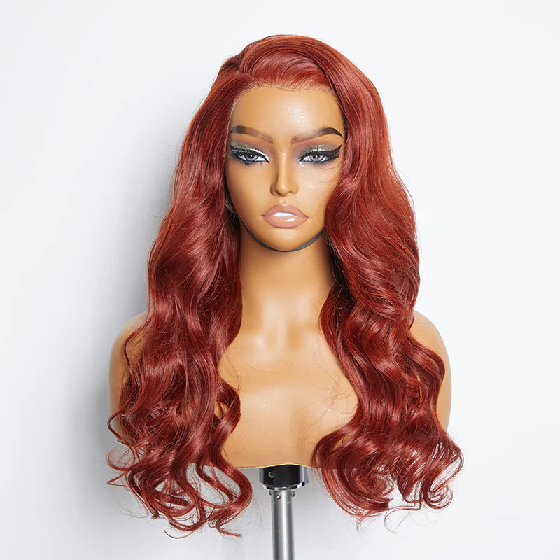 100% Human Hair Body Wavy Wear & Go Glueless #Redbrown Lace Frontal Wig - 5"x5" 24 Inches