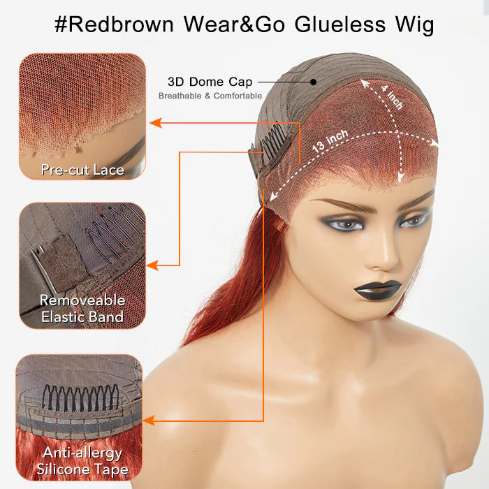 100% Human Hair Body Wavy Wear & Go Glueless #Redbrown Lace Frontal Wig - 5"x5" 24 Inches