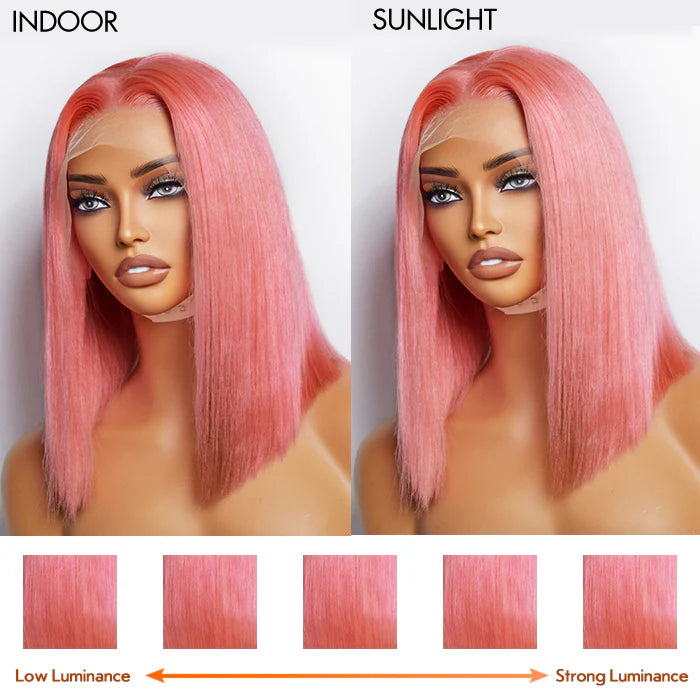 100% Human Hair Pre-Plucked #Pink Straight Bob Lace Frontal Wig 150% Density - 13"x4" 12 inches