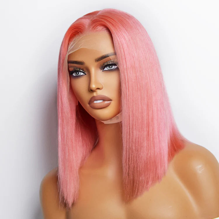 100% Human Hair Pre-Plucked #Pink Straight Bob Lace Frontal Wig 150% Density - 13"x4" 12 inches