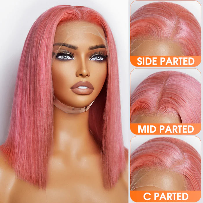 100% Human Hair Pre-Plucked #Pink Straight Bob Lace Frontal Wig 150% Density - 13"x4" 12 inches