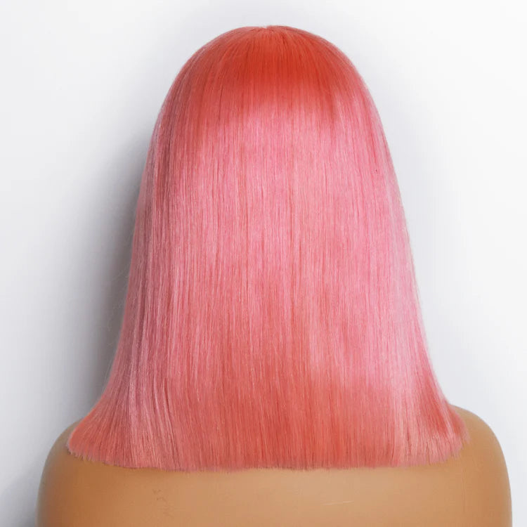 100% Human Hair Pre-Plucked #Pink Straight Bob Lace Frontal Wig 150% Density - 13"x4" 12 inches