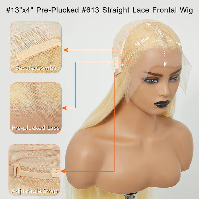 100% Human Hair Pre-Plucked #613 Straight Lace Frontal Wig 200% Density - 13"x4"