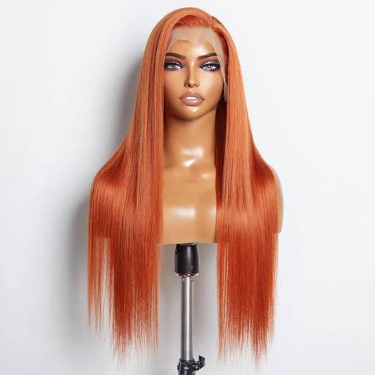 100% Human Hair 24 Inches Ginger 13"x4" Lace Front Straight Wig Pre-Plucked Free Part 150% Density