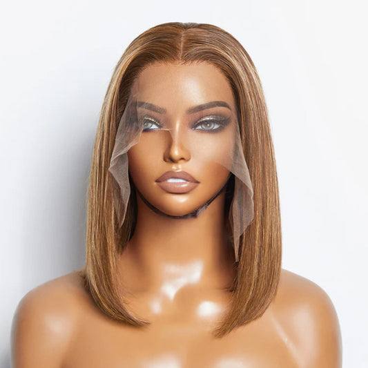 100% Human Hair 12 Inches 13"x4" #P4/27 Straight Bob Lace Frontal Wig