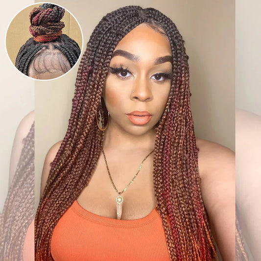 28 Inches 4x4 Black to Orange Ends Box Braids Lace Closure Wigs 200% Density-100% Handmade