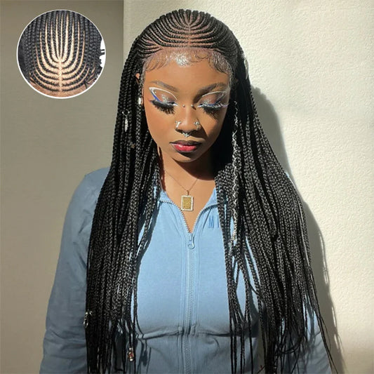 30 Inches 13x7 Fulani Braided Neat Braids Lace Front Wigs 200% Density-100% Handmade