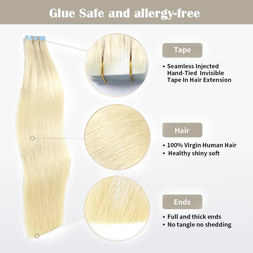Seamless Injected Hand-Tied Invisible Tape In Hair Extension 20Pcs Virgin Human Hair