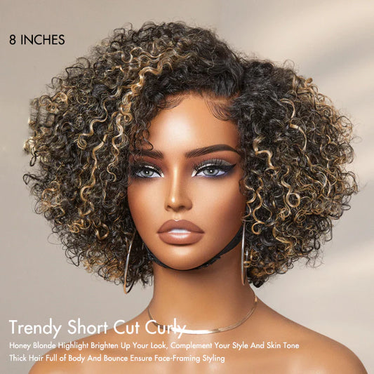 100% Human Hair 8 inch Trendy Short Cut Curly Minimalist HD Lace Glueless Side Part Wig