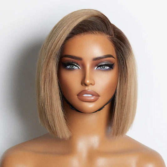 100% Human Hair 8 inch Ash Blonde Ombre Blunt Cut Bob Glueless Minimalist HD Lace Ready to Go Short Bob Wig