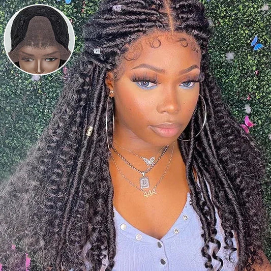 26 Inches 4x4 Faux Goddess Locs with Curls Braids Lace Closure Wigs 200% Density-100% Handmade
