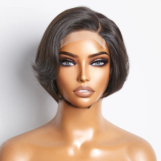 100% Human Hair #1B Natural Black Straight Bob Side Part Lace Closure Wig - 4"x4" 8 inches