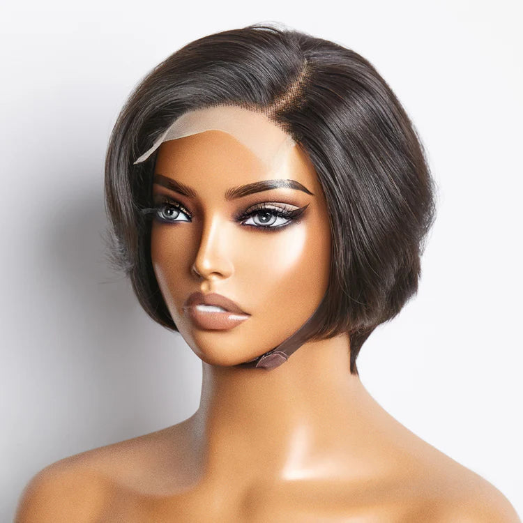 100% Human Hair #1B Natural Black Straight Bob Side Part Lace Closure Wig - 4"x4" 8 inches