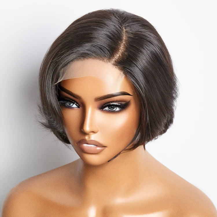 100% Human Hair #1B Natural Black Straight Bob Side Part Lace Closure Wig - 4"x4" 8 inches