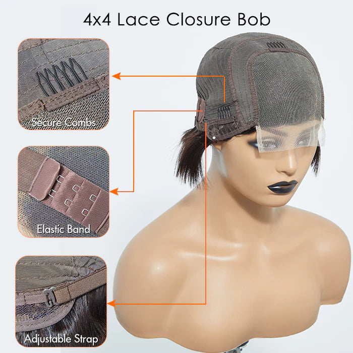 100% Human Hair #1B Natural Black Straight Bob Side Part Lace Closure Wig - 4"x4" 8 inches
