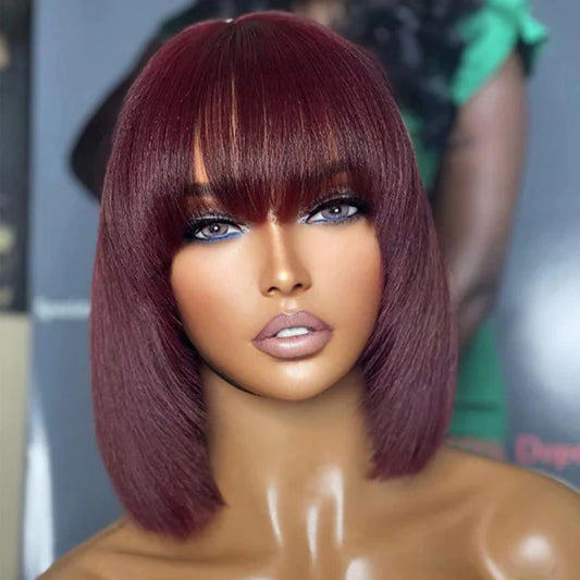 Natural Yaki #99J Layered Cut Yaki Straight Lace Bob Wig With Bangs - 10 inches