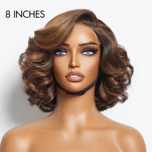 100% Human Hair #Brown Ombre Highlight Loose Wave Glueless Minimalist HD Lace Wig - 8 inches