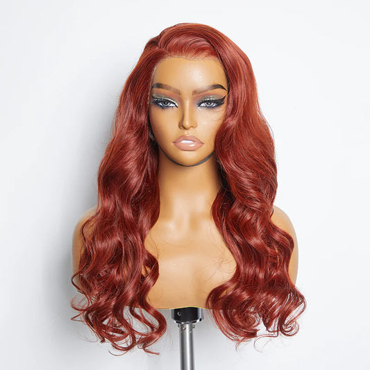 100% Human Hair Body Wavy Wear & Go Glueless #Redbrown Lace Frontal Wig - 5"x5" 24 Inches