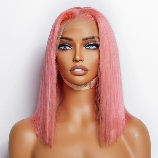 100% Human Hair Pre-Plucked #Pink Straight Bob Lace Frontal Wig 150% Density - 13"x4" 12 inches