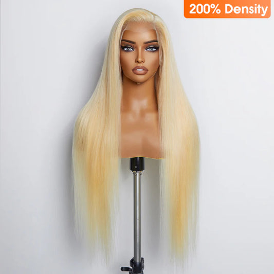 100% Human Hair Pre-Plucked #613 Straight Lace Frontal Wig 200% Density - 13"x4"