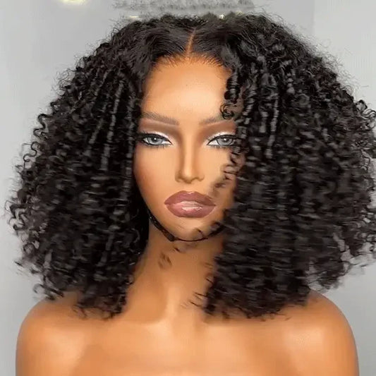 100% Human Hair #1B Natural Black Natural Coily Curl Glueless 5x5 Closure HD Lace Wig Breathable Cap - 14 inches