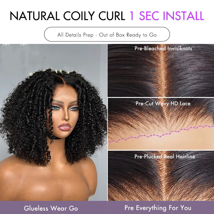 100% Human Hair #1B Natural Black Natural Coily Curl Glueless 5x5 Closure HD Lace Wig Breathable Cap - 14 inches