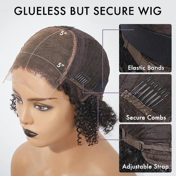 100% Human Hair #1B Natural Black Natural Coily Curl Glueless 5x5 Closure HD Lace Wig Breathable Cap - 14 inches